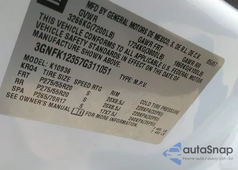 2007 Chevrolet Avalanche 1500 Ltz z USA, uszkodzony, nr VIN 3GNFK12357G311051